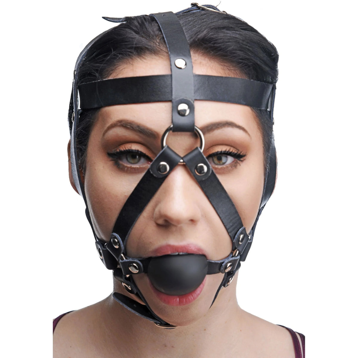 Master Series Leather Head Harness With Ball Gag Black