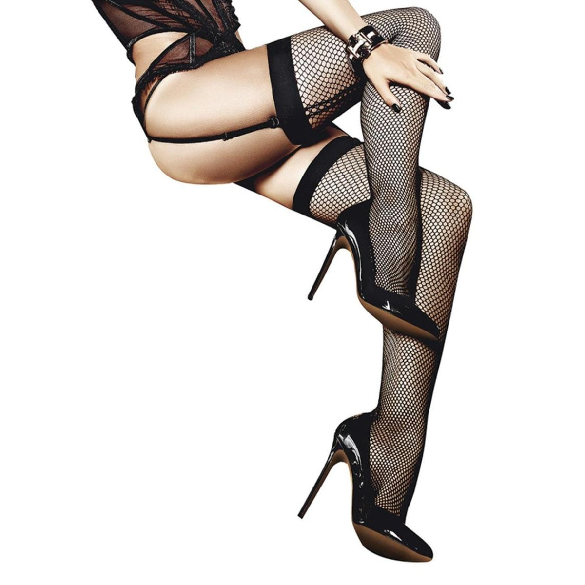 Product On Model Sitting - Baci Fishnet Thigh High Stockings Backseam Black One Size