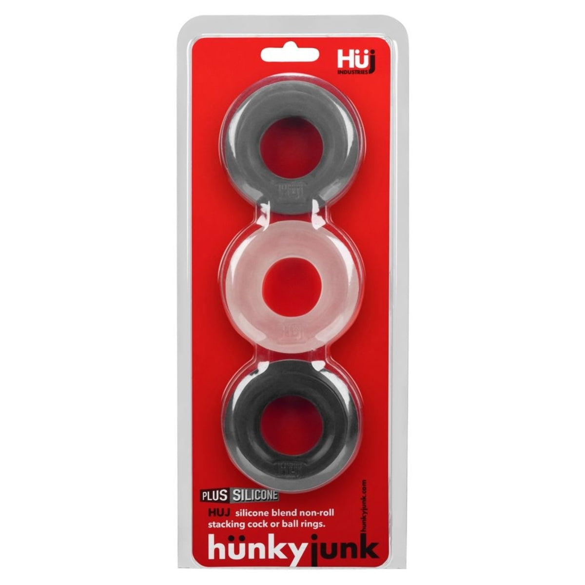 Hunkyjunk HUJ3 Cock Ring 3 Pack Black Grey Clear