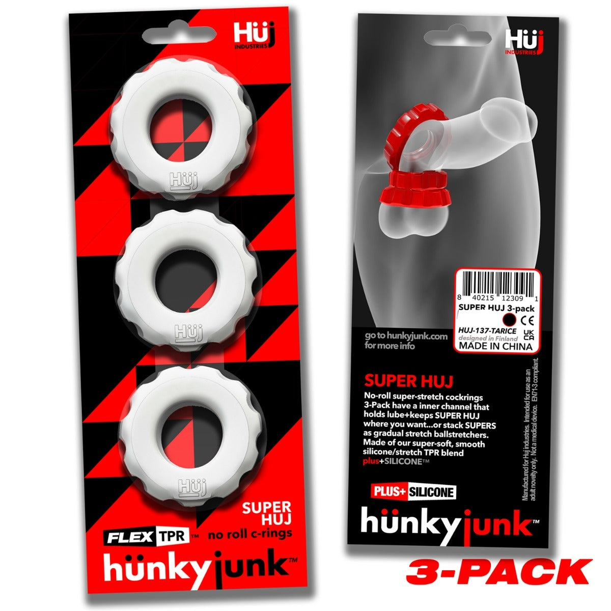 Hunkyjunk Super HUJ Cock Ring 3 Pack White Ice