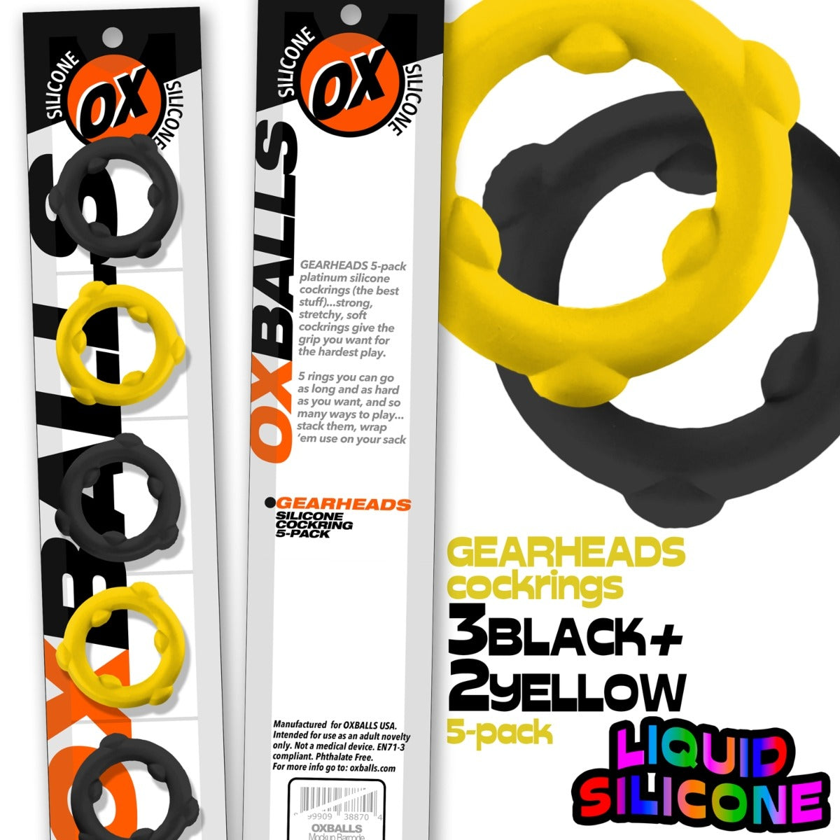 Oxballs Gearheads Silicone Cock Ring 5 Pack Yellow Black