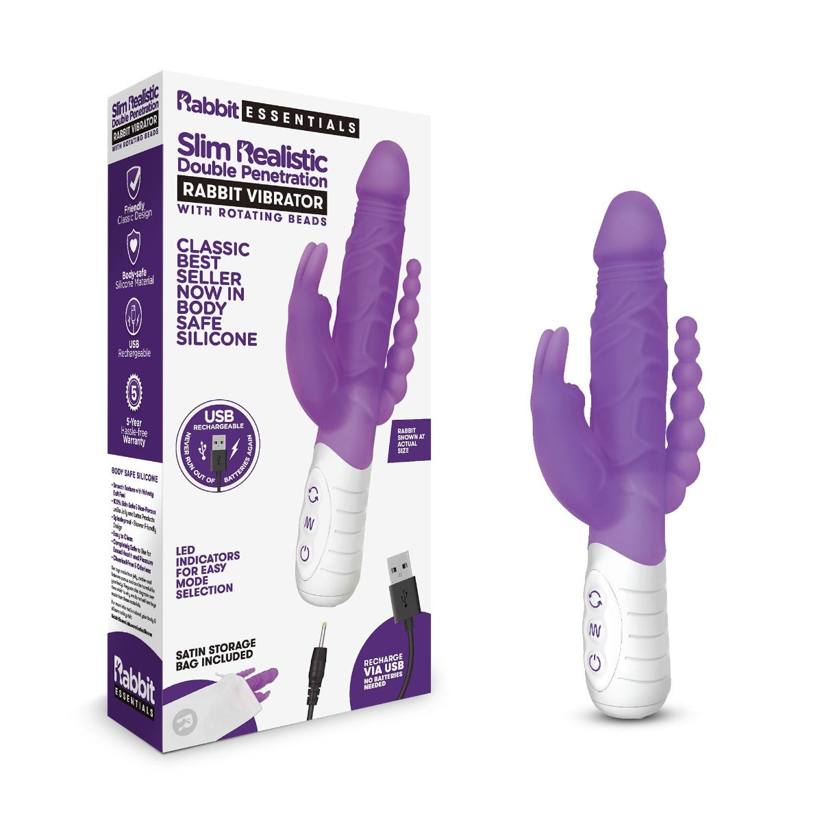 Rabbit Essentials Slim Realistic Double Penetration Rabbit Vibrator With Rotating Beads Purple