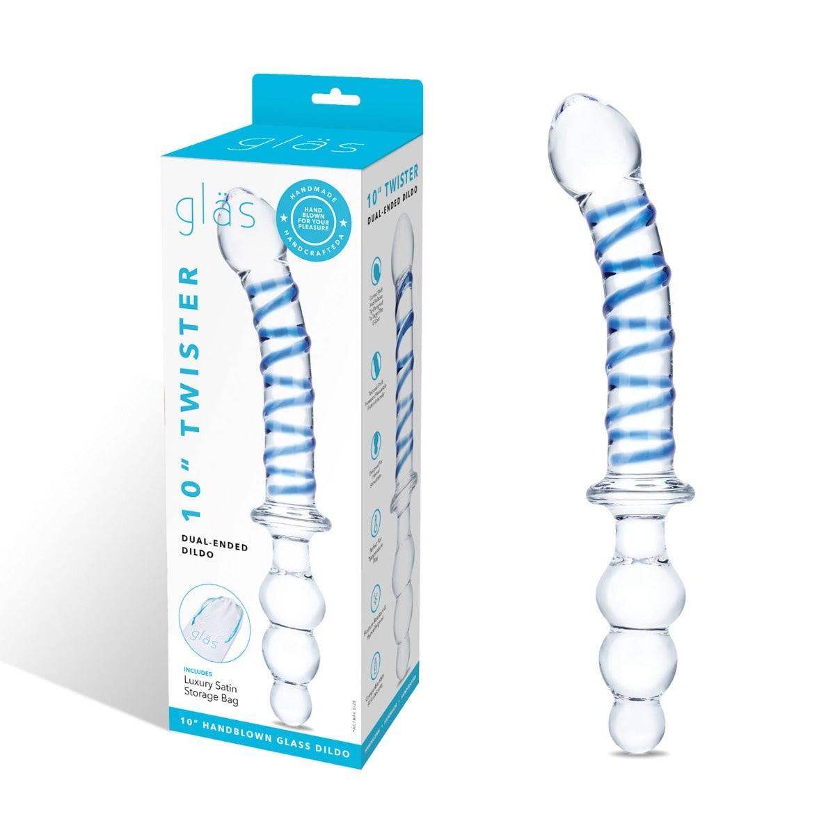 Glas Twister Dual Ended Dildo Clear Blue 10 Inch - Simply Pleasure