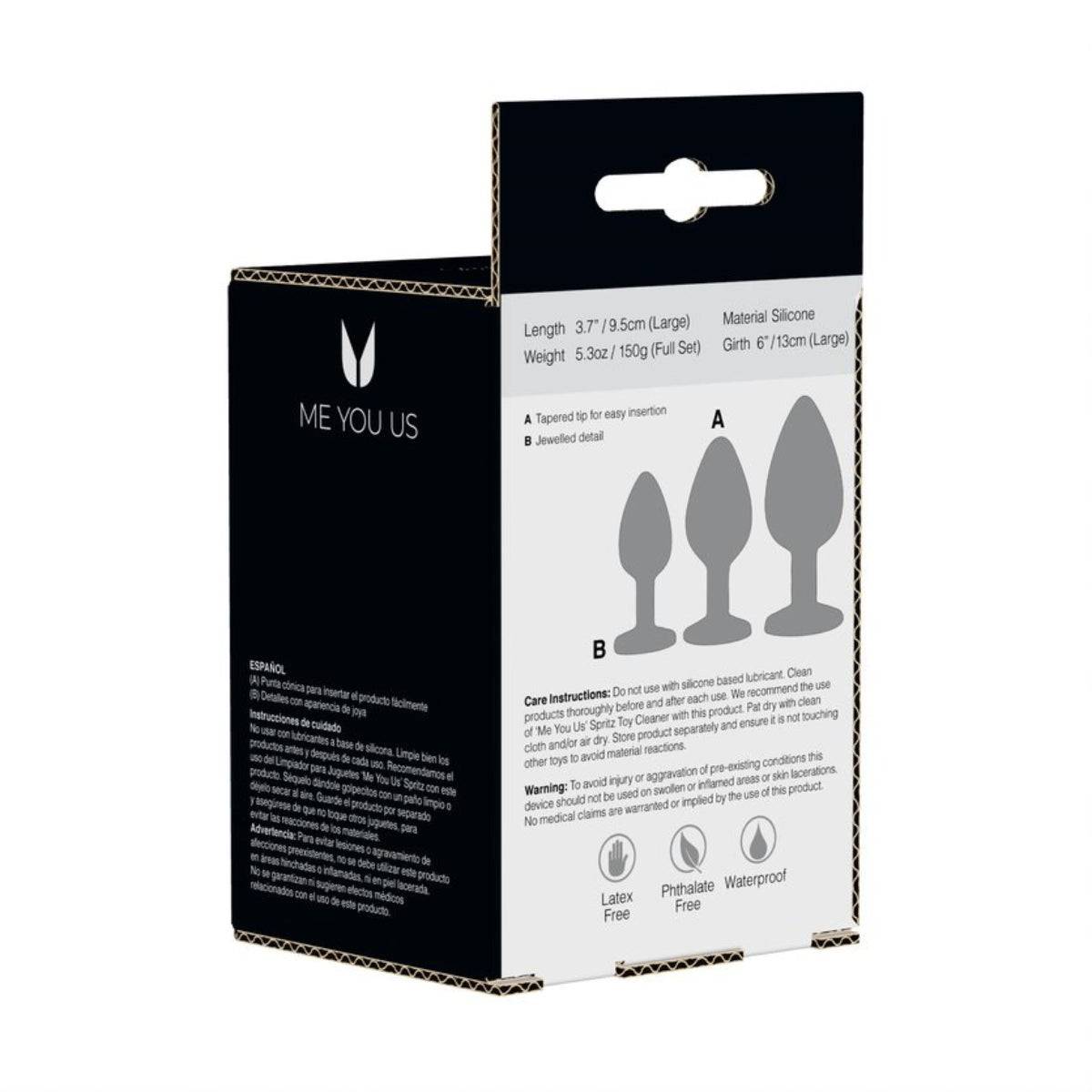 Rear Packaging View - Me You Us Trio Of Jewels Jewelled Butt Plug Set Purple - Simply Pleasure