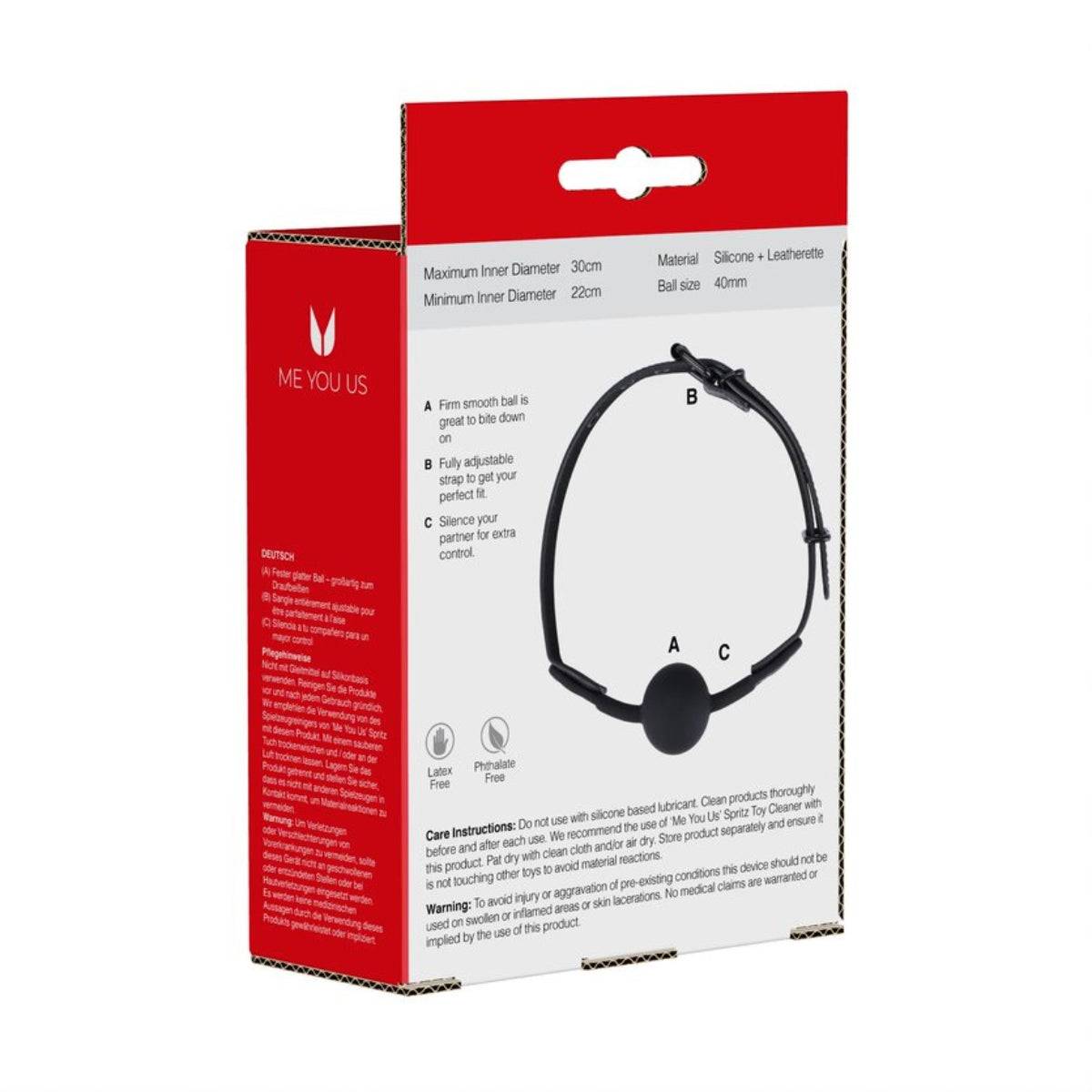 Rear View Packaging - Me You Us Hush Silicone Ball Gag Black - Simply Pleasure