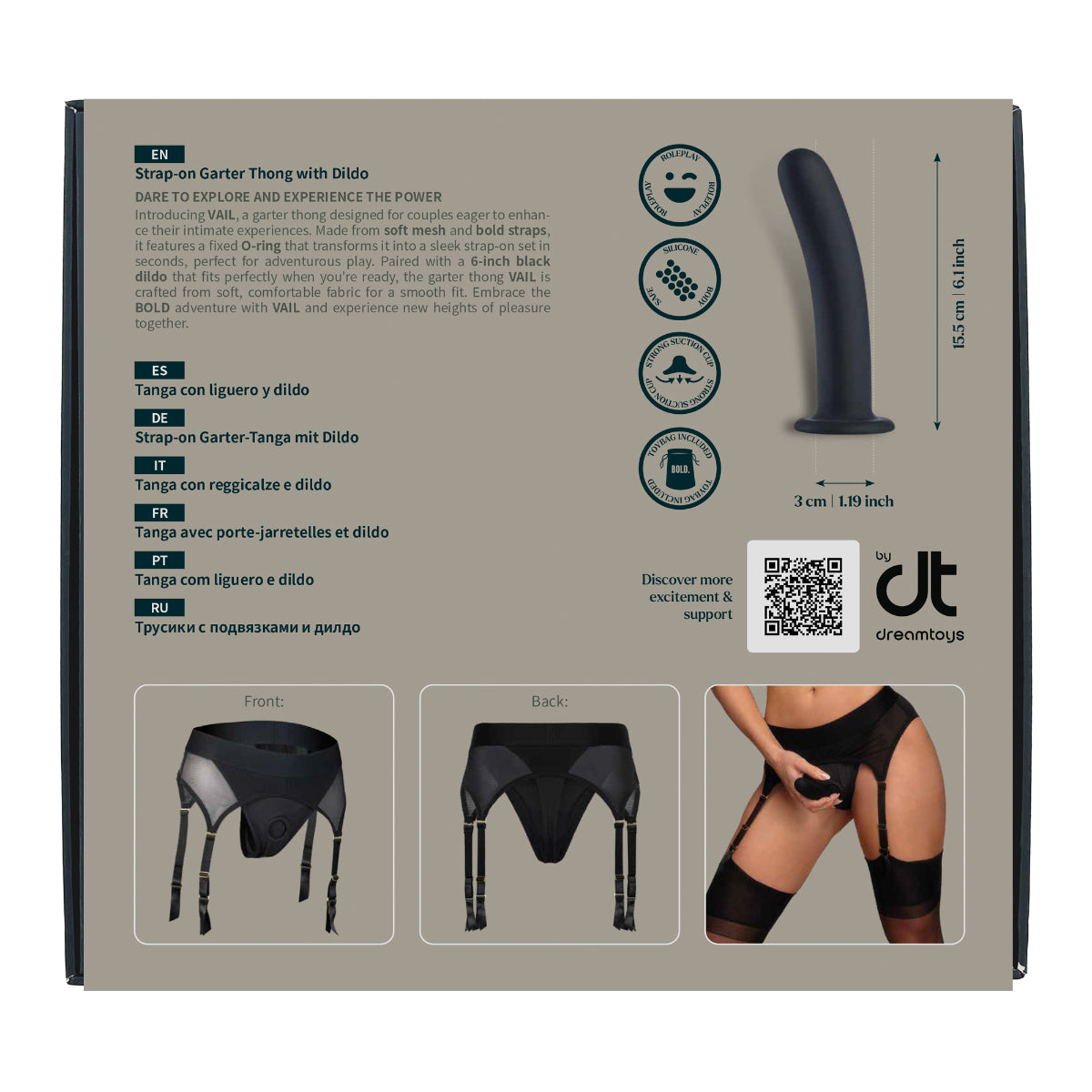 Dreamtoys Bold Vail Strap On Garter Thong With Dildo Black