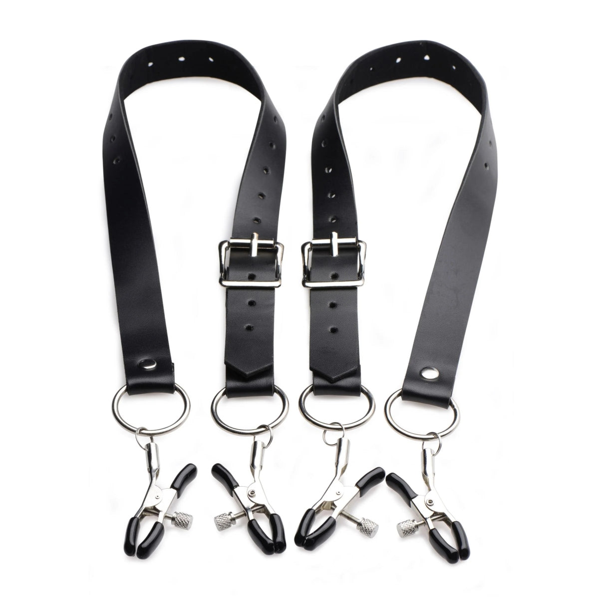 Master Series Spread Labia Spreader Straps With Clamps Black Silver