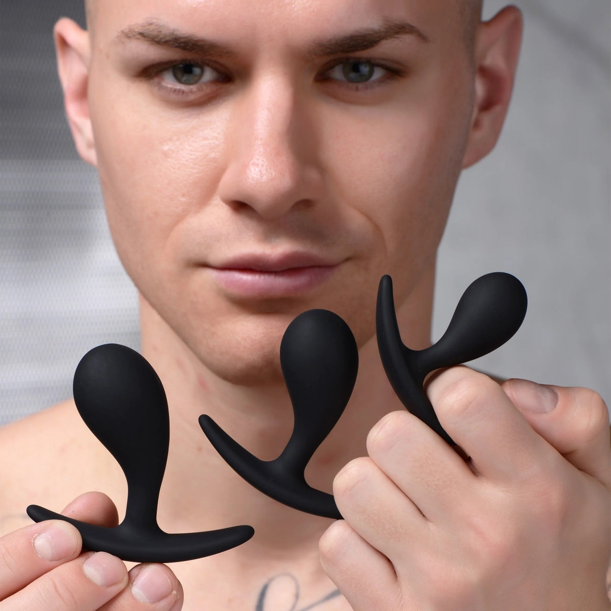 Master Series Dark Droplets 3 Piece Curved Silicone Anal Trainer Butt Plug Set Black