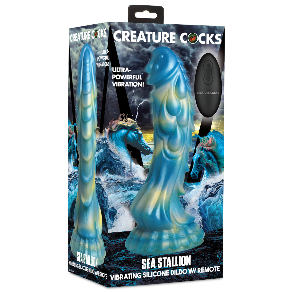 Creature Cocks Sea Stallion Vibrating Remote Control Silicone Dildo Blue Yellow