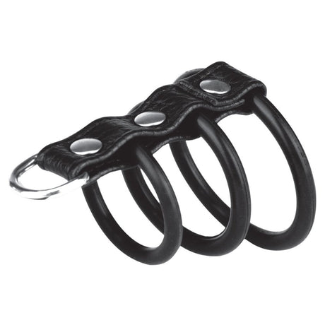 Blue Line 3 Ring Gates Of Hell Silicone Cock Ring With Leash Ring Black - Simply Pleasure