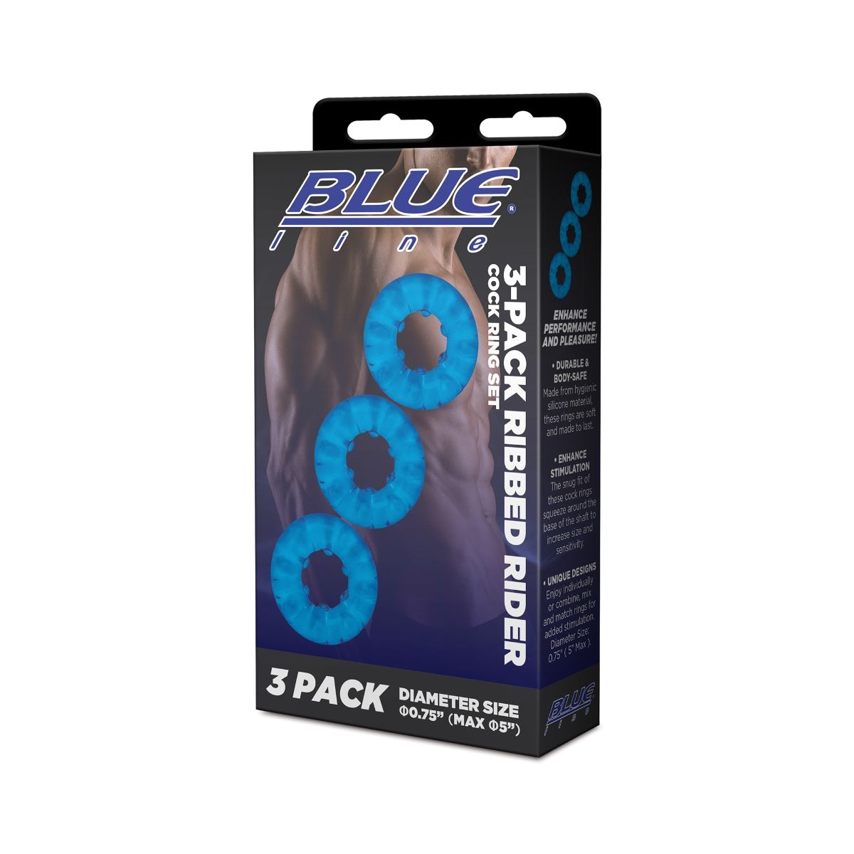 Blue Line Ribbed Rider Cock Ring Set 3 Pack Blue - Simply Pleasure