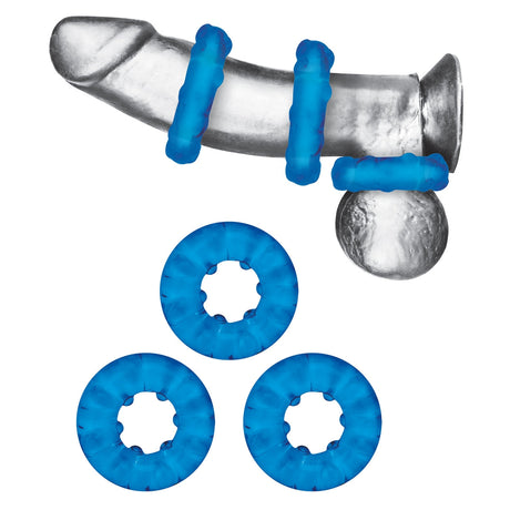 Blue Line Ribbed Rider Cock Ring Set 3 Pack Blue - Simply Pleasure