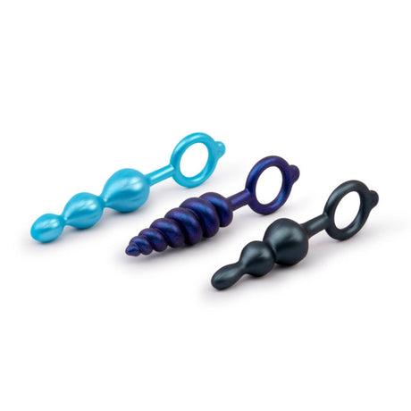 b-Vibe Beaded Butties Bundle 3 Piece Anal Butt Plug Set Black Purple Blue