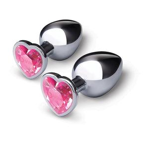 b-Vibe Jewel Heart 2 Piece Metal Butt Plug Training Set Silver Pink