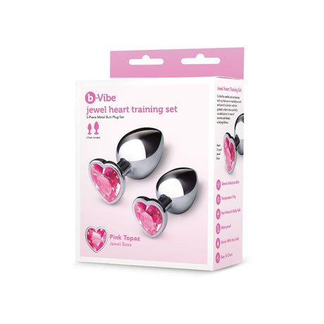 b-Vibe Jewel Heart 2 Piece Metal Butt Plug Training Set Silver Pink