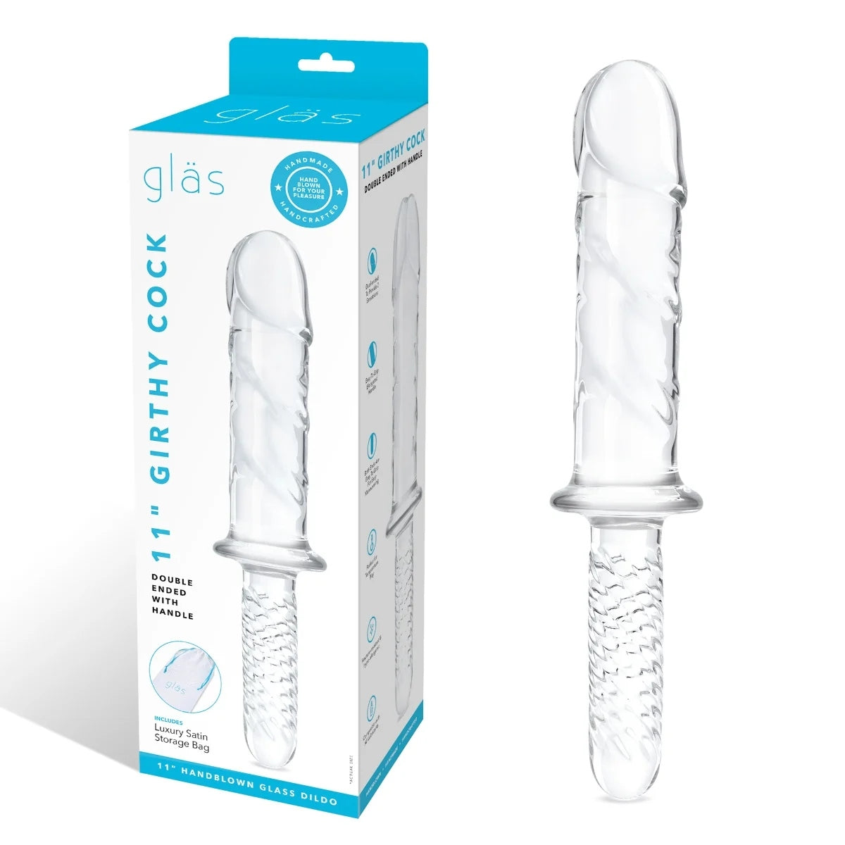 Glas Girthy Cock Double Ended Glass Dildo With Handle Clear 11 Inch