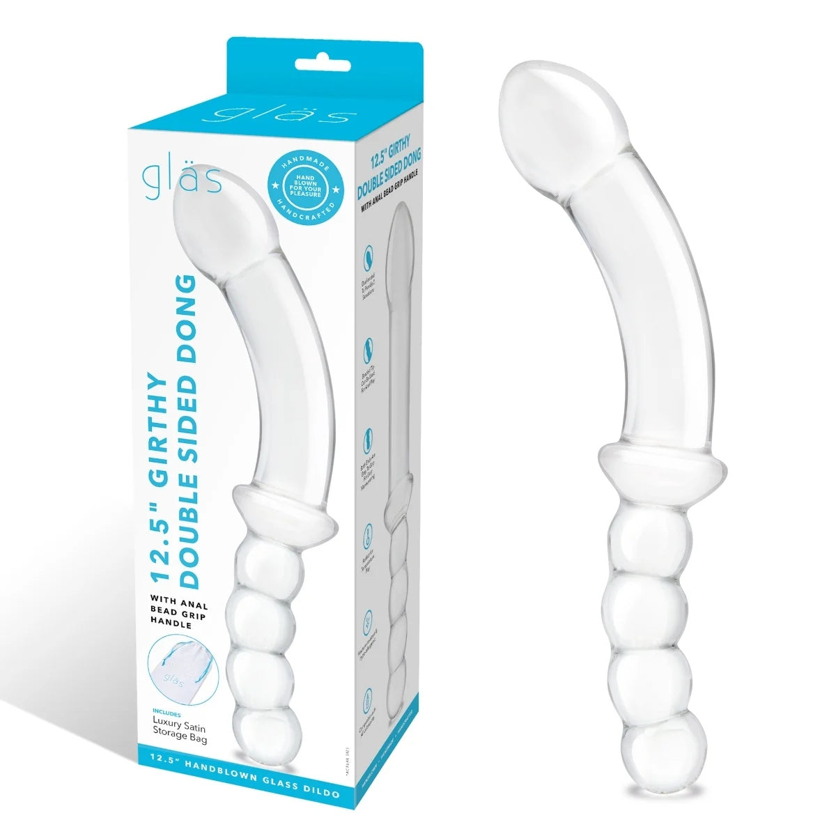 Glas Girthy Double Sided Glass Dong With Anal Bead Grip Handle Clear 12.5 Inch