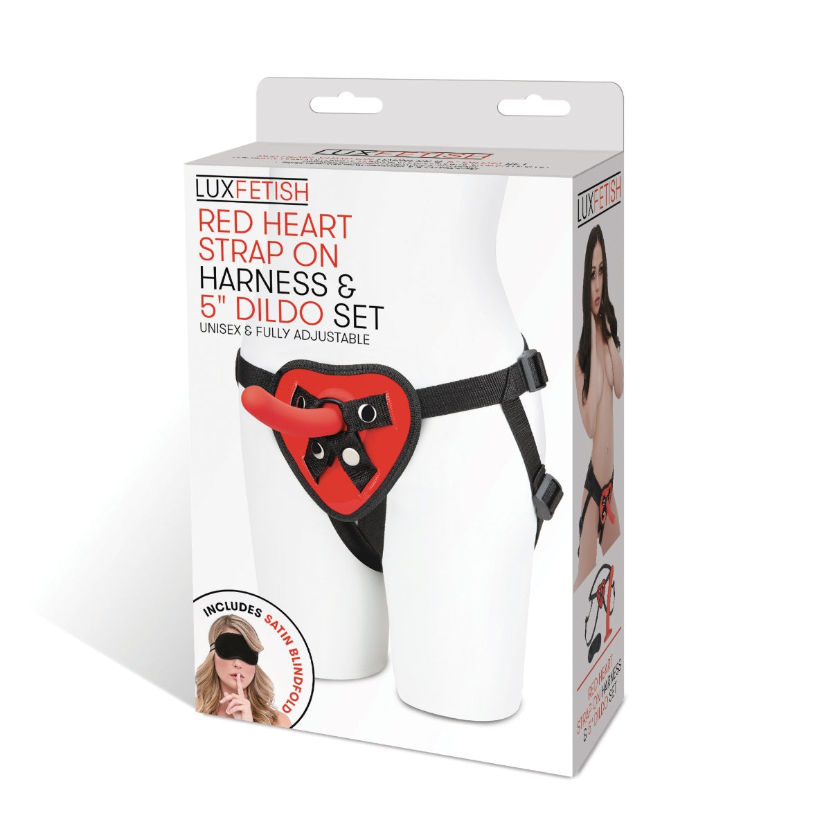 Lux Fetish Red Heart Adjustable Strap-On Harness & 5 Inch Dildo Set Red Black