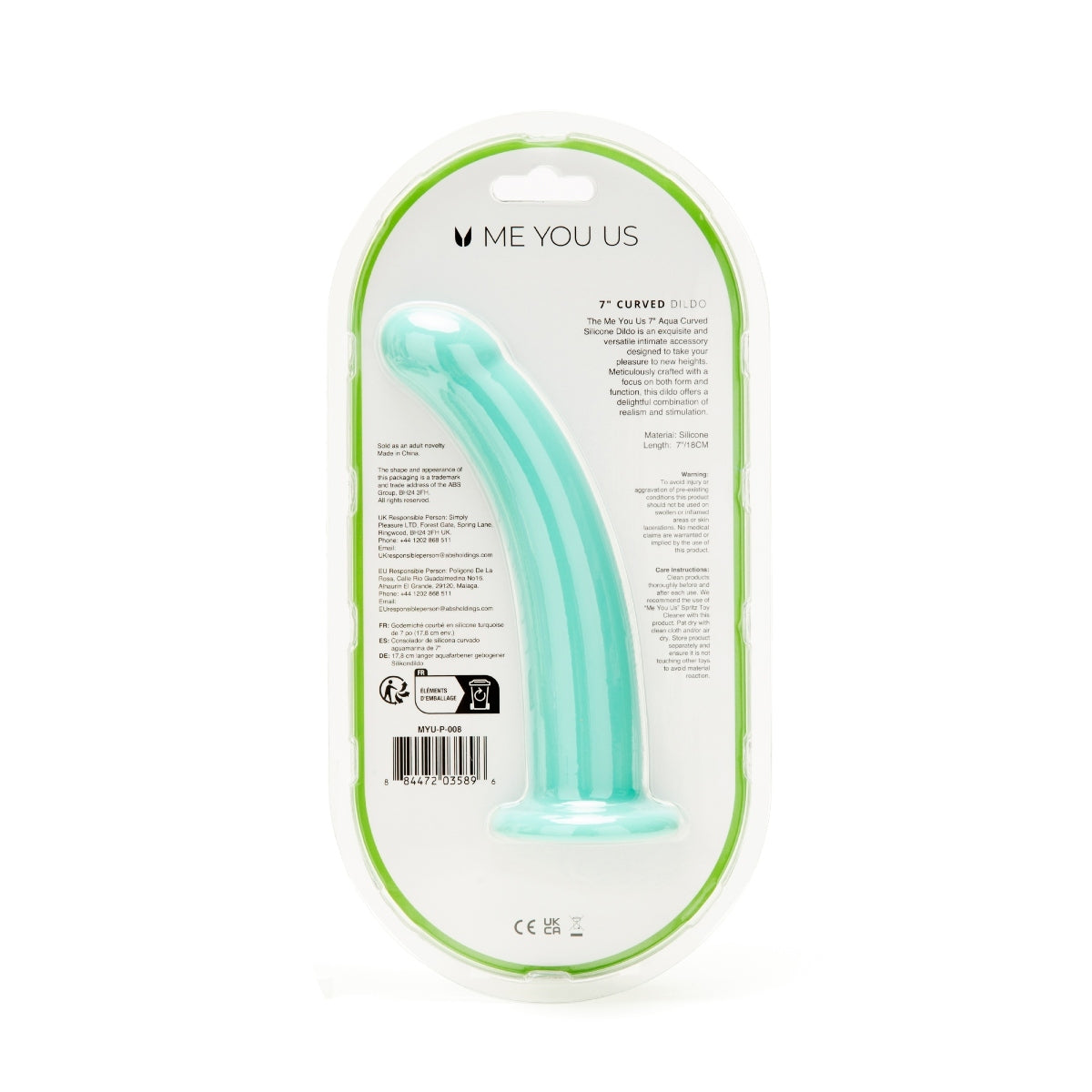 Me You Us Curved Dildo Aqua 7 Inch