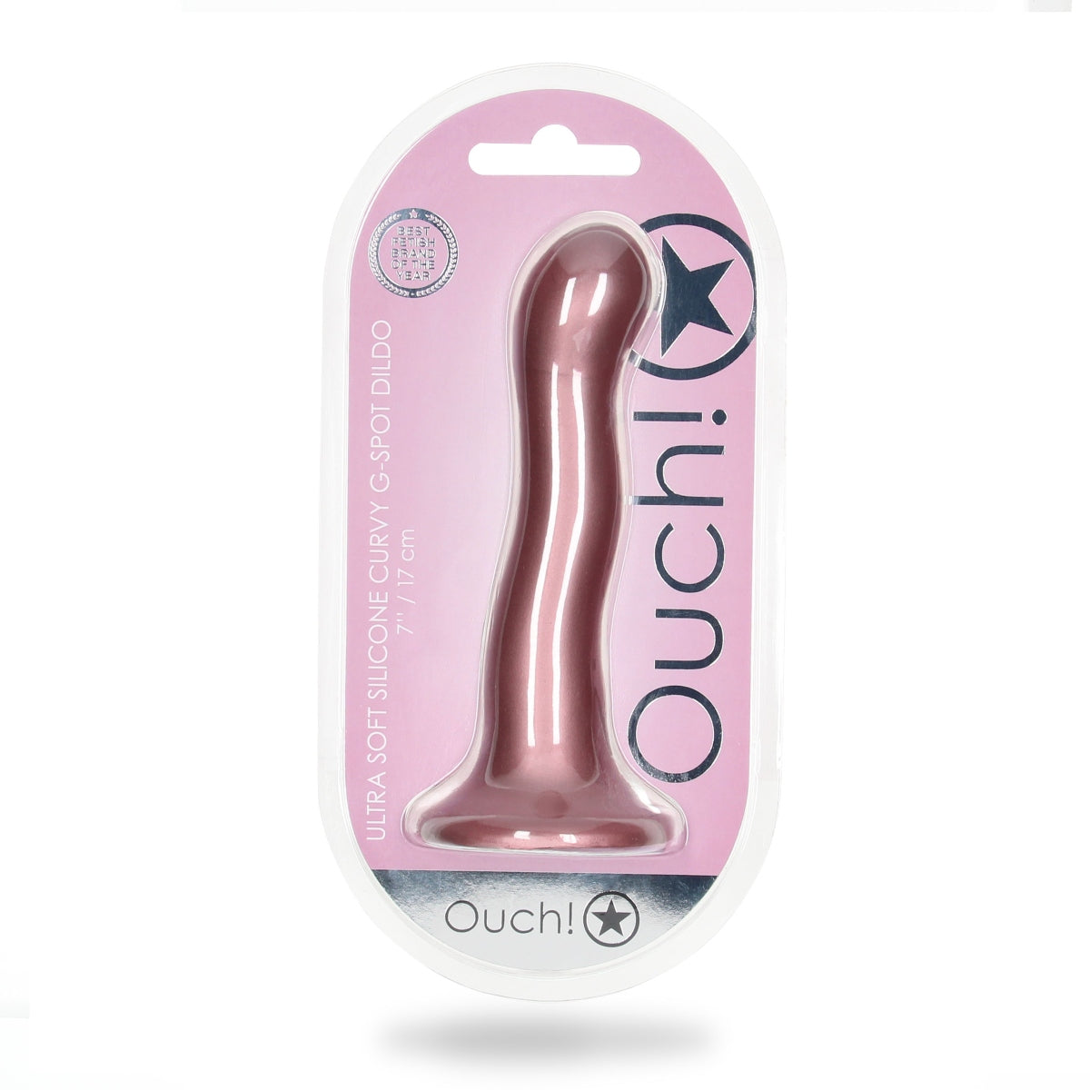 Ouch Ultra Soft Silicone Curvy G-Spot Dildo Metallic Rose 7 Inch