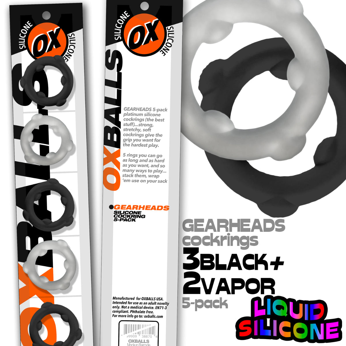 Oxballs Gearheads Silicone Cock Ring 5 Pack Black Vapor