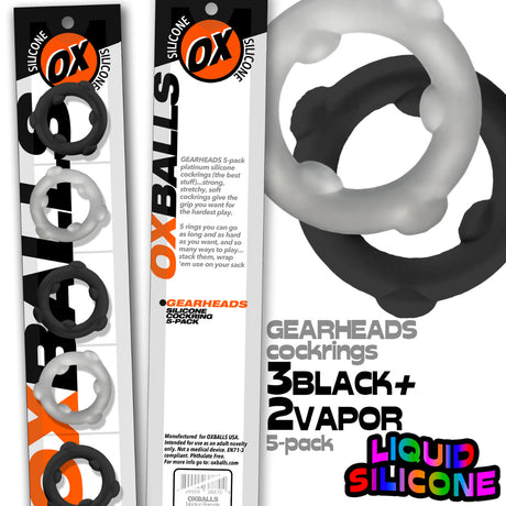 Oxballs Gearheads Silicone Cock Ring 5 Pack Black Vapor