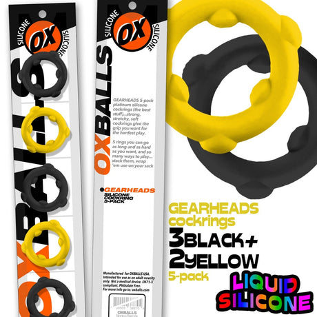Oxballs Gearheads Silicone Cock Ring 5 Pack Yellow Black