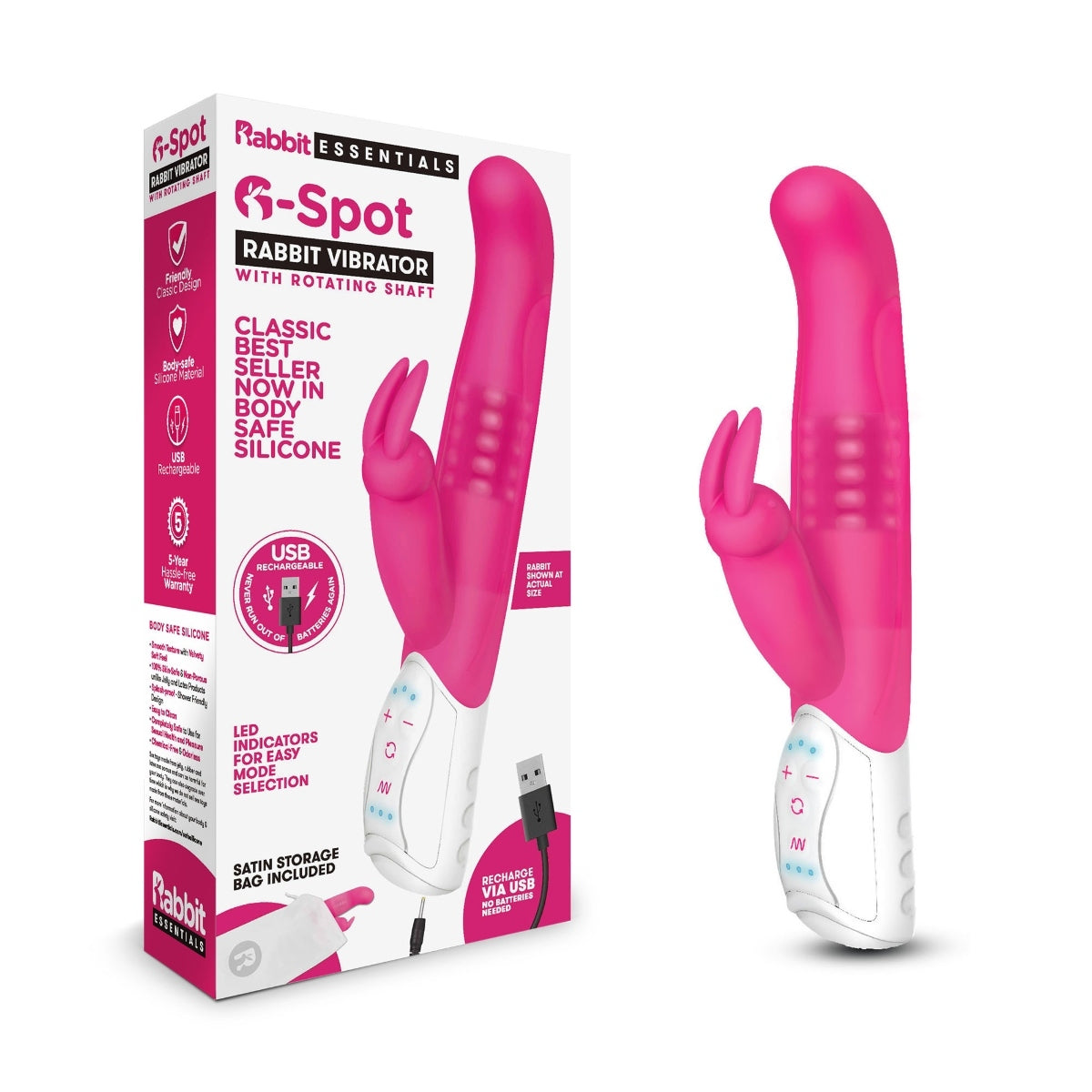 Rabbit Essentials G-Spot Rabbit Vibrator With Rotating Shaft Hot Pink