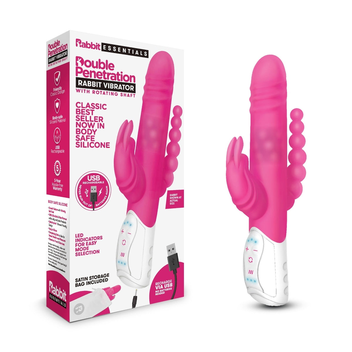 Rabbit Essentials Double Penetration Rabbit Vibrator With Rotating Shaft Hot Pink