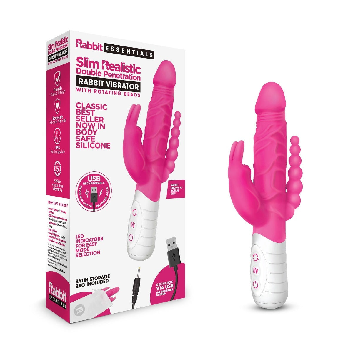 Rabbit Essentials Slim Realistic Double Penetration Rabbit Vibrator With Rotating Beads Hot Pink