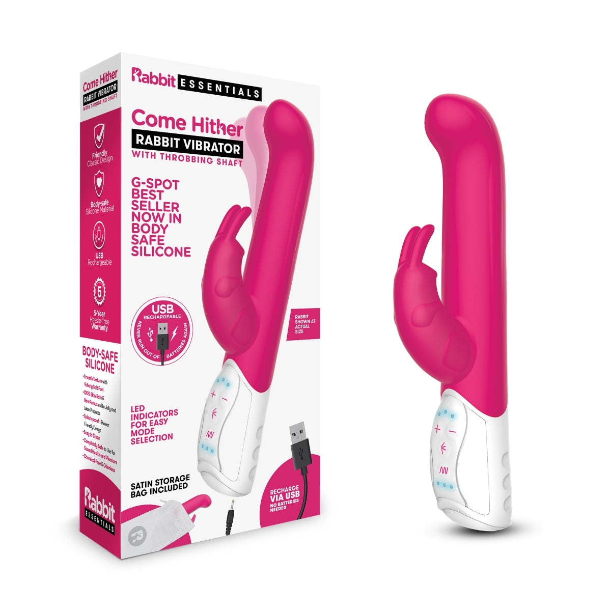 Rabbit Essentials Come Hither Rabbit Vibrator With Throbbing Shaft Hot Pink