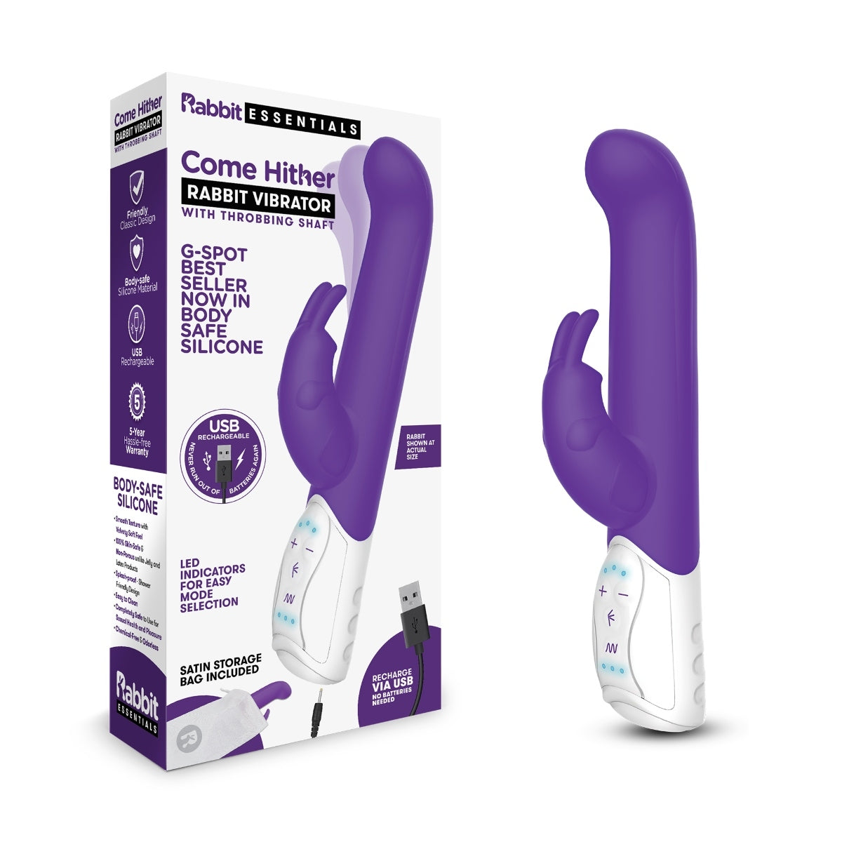 Rabbit Essentials Come Hither Rabbit Vibrator With Throbbing Shaft Purple