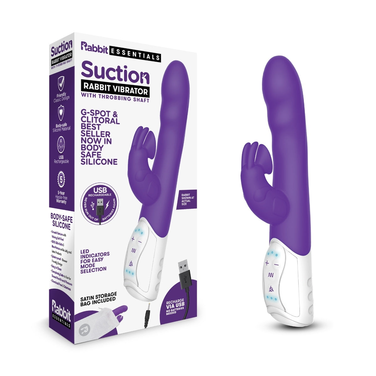 Rabbit Essentials Suction Rabbit Vibrator With Throbbing Shaft Purple