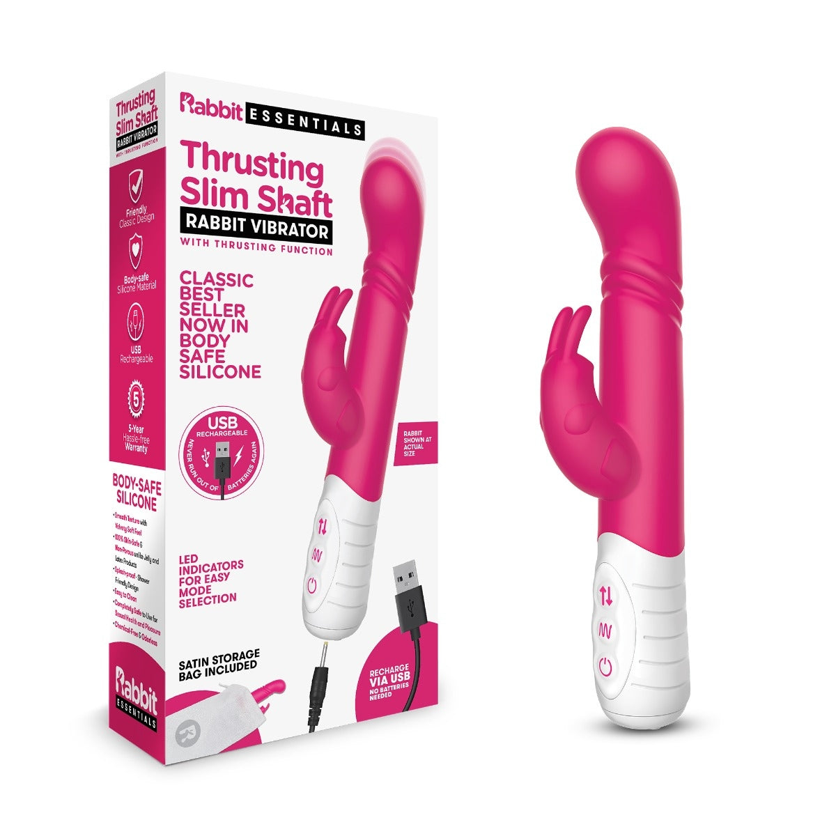 Rabbit Essentials Thrusting Slim Shaft Rabbit Vibrator With Thrusting Function Hot Pink