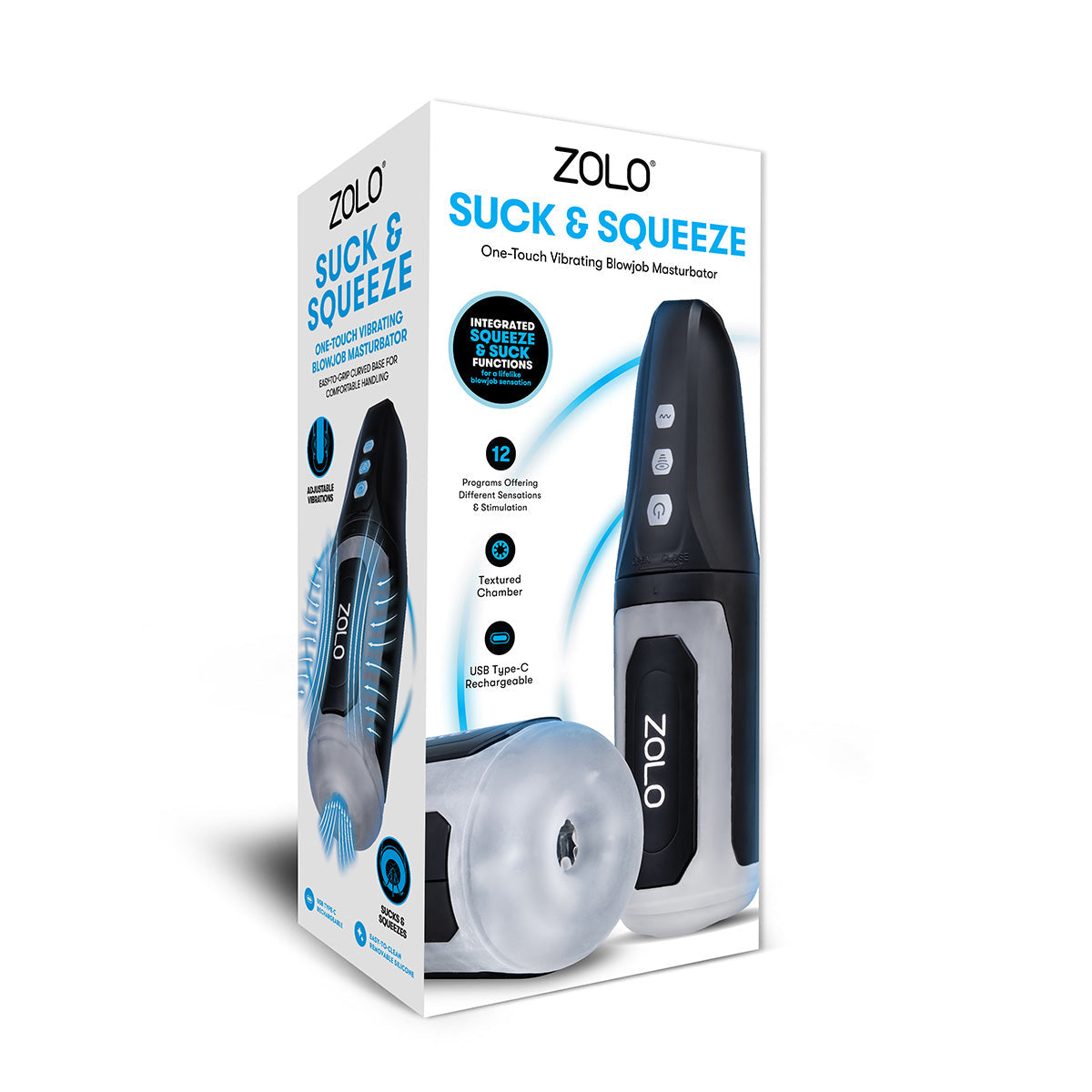 Zolo Suck & Squeeze One Touch Vibrating Blowjob Masturbator Black Clear