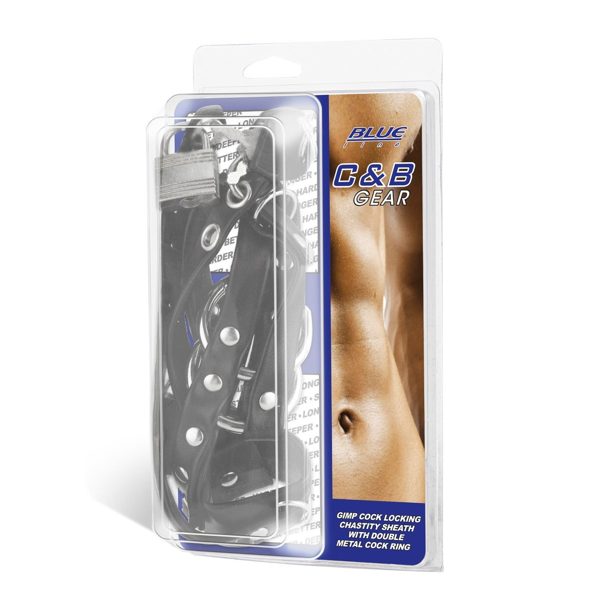 Blue Line Gimp Cock Locking Chastity Sheath With Double Metal Cock Ring Black