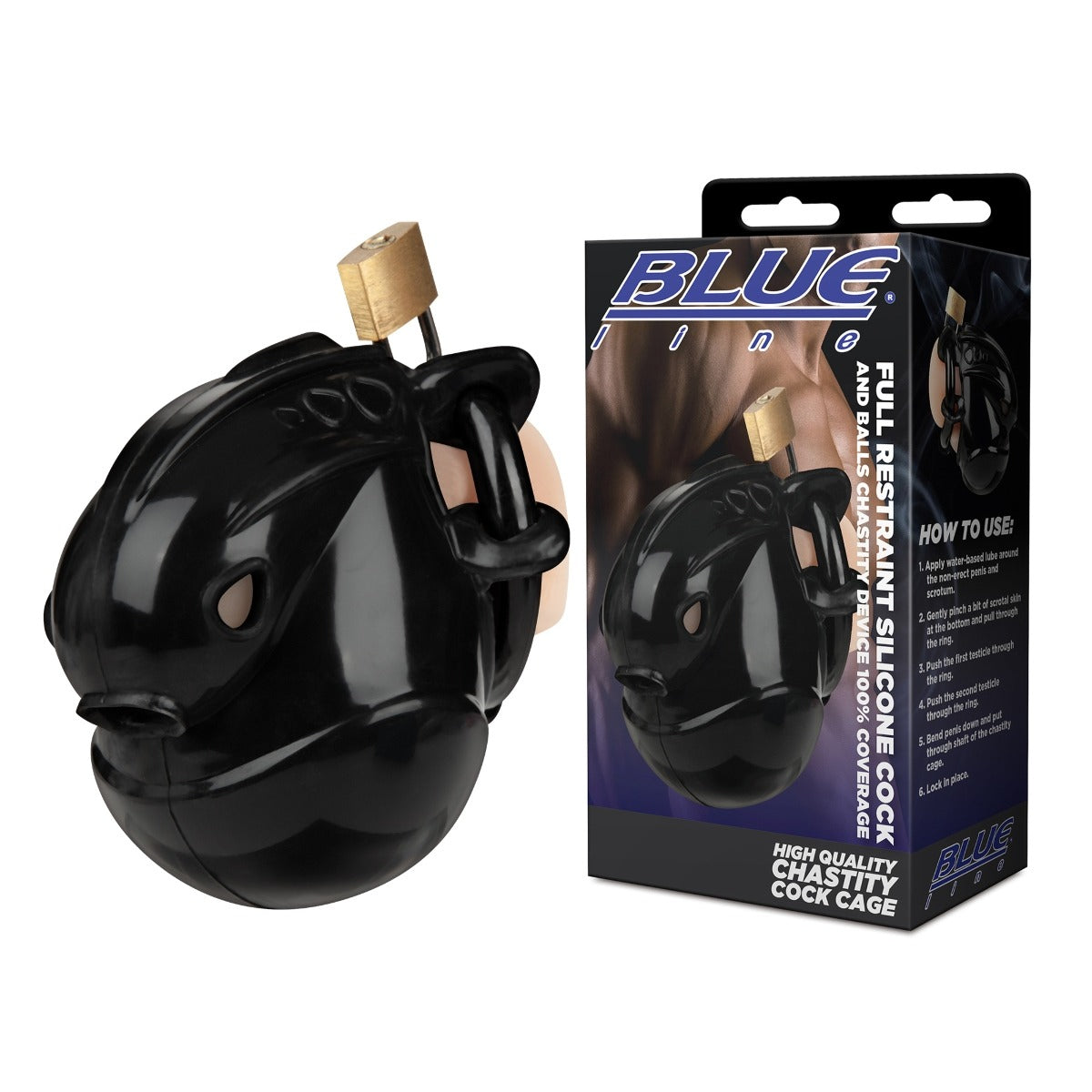 Blue Line Full Restraint Silicone Cock And Balls Chastity Device Black