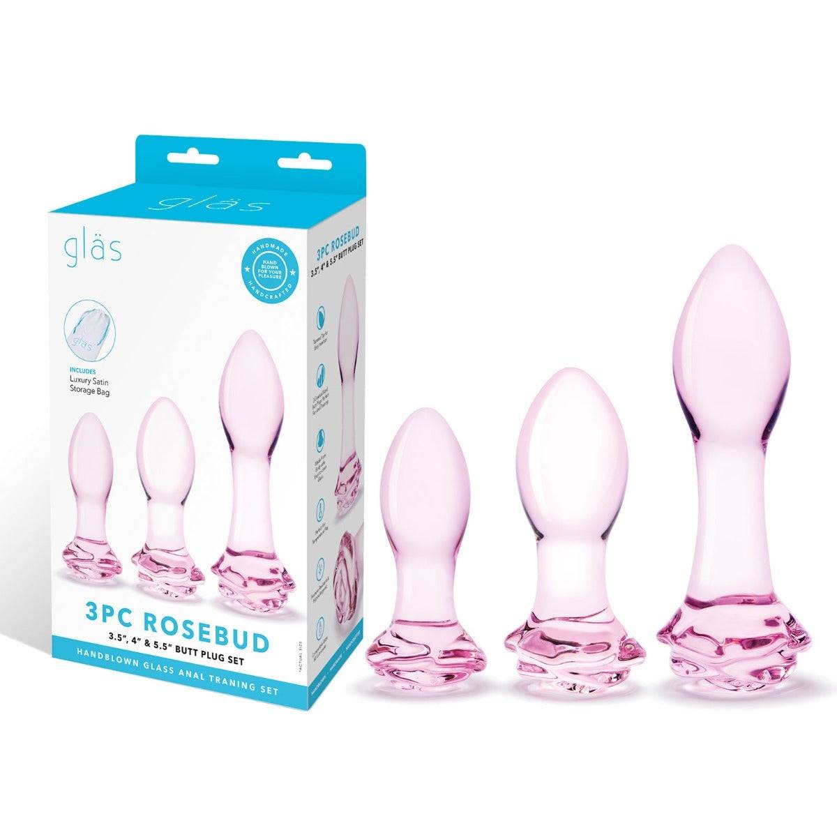 Glas Rosebud 3 Piece Butt Plug Set Pink 3.5 Inch 4 Inch 5.5 Inch - Simply Pleasure