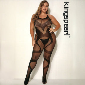 Kingspearl Bodystocking With Front Rhinestone Detail Black Queen Size